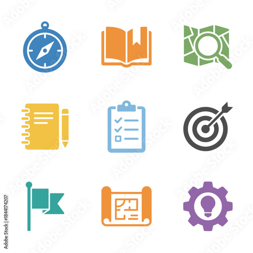 Business Strategy and Planning Icons Set: Goal, Target, Compass, Book, Map, Checklist, and Idea Generation Symbols