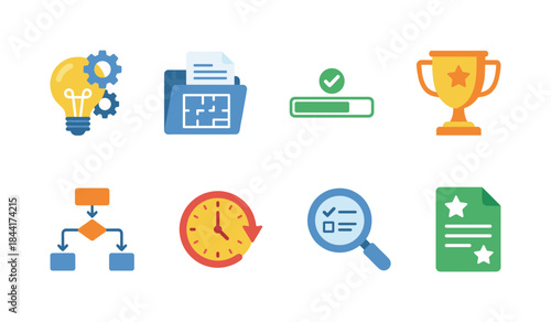 Business Productivity and Achievement Icons Set: Success, Process, Idea, Time Management, Progress, and Excellence Symbols