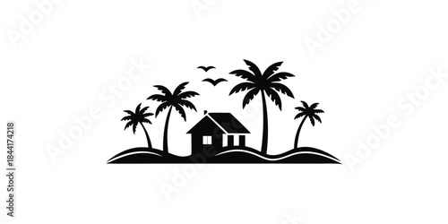 A simplistic black and white illustration depicts a small house nestled amongst several tall palm trees on a tropical island