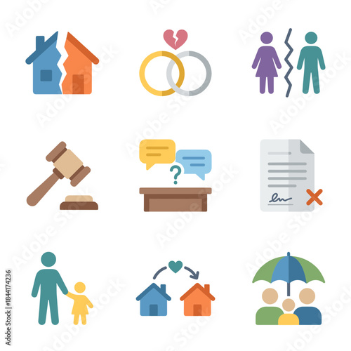 Family Law and Divorce Icons Set: Legal Separation, Property Division, Child Custody, and Conflict Resolution Symbols