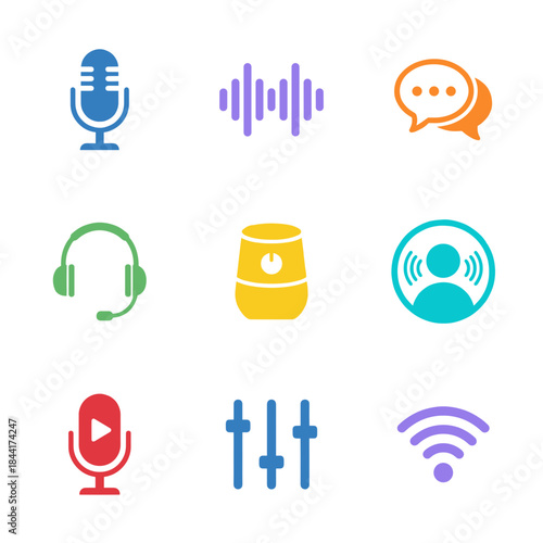 Set of flat vector icons for voice and sound technology, audio recording, smart speakers, sound waves, music equalizer and wifi network connection
