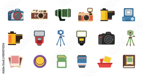 Photography equipment icon set: cameras, lenses, film, tripod, flash, photo frame, memory card, vintage and modern style vector illustration