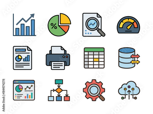 Data analysis and business intelligence icon set: bar chart, pie chart, document, speedometer, database, workflow and cloud processing vector