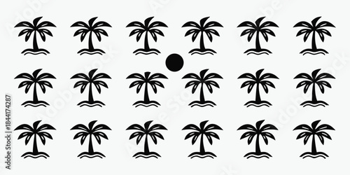 A collection of stylized black palm trees on small islands with a dark oval shape among them