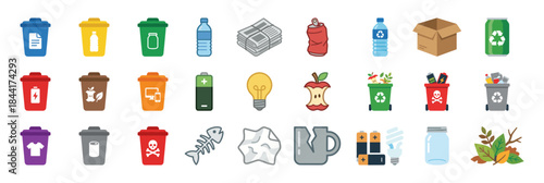 Comprehensive icon set illustrating waste sorting, disposal, and recycling process for various materials including paper, plastic, glass and electronics