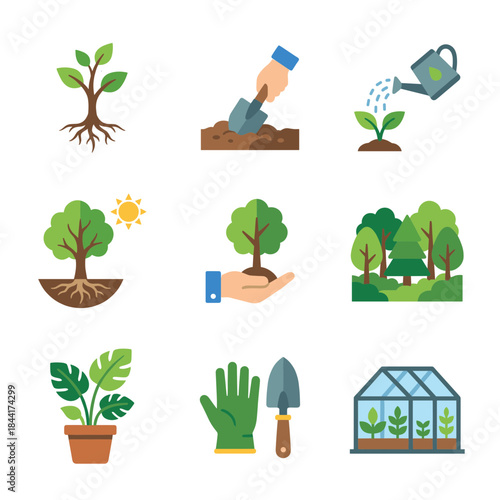 Gardening and planting icon set: sprout, roots, shovel, watering can, tree, gloves, potted plant and greenhouse vector illustration