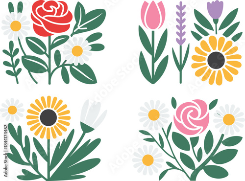 Colorful cartoon flowers set, flat illustration of cute floral icons, spring garden plants, decorative kids style botanical collection