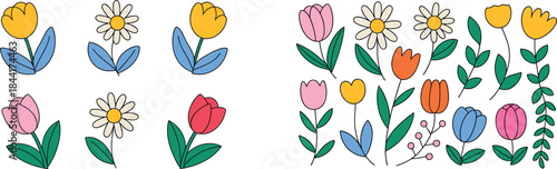 Colorful cartoon flowers set, flat illustration of cute floral icons, spring garden plants, decorative kids style botanical collection