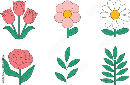 Colorful cartoon flowers set, flat illustration of cute floral icons, spring garden plants, decorative kids style botanical collection