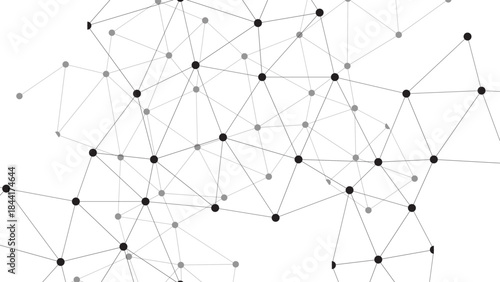 Abstract Monochrome Network Background With Interconnected Black Nodes & Lines on White. Geometric Polygonal Mesh for Data, Science, Tech & Global Communication.