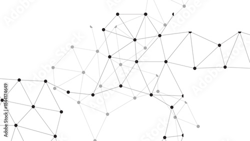 Abstract Monochrome Network Background With Interconnected Black Nodes & Lines on White. Geometric Polygonal Mesh for Data, Science, Tech & Global Communication.