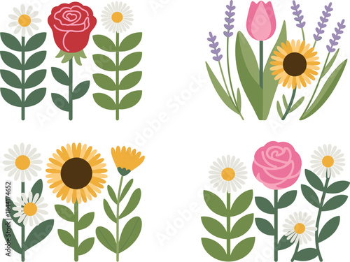 Colorful cartoon flowers set, flat illustration of cute floral icons, spring garden plants, decorative kids style botanical collection