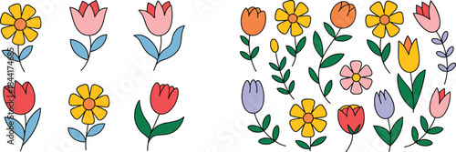 Colorful cartoon flowers set, flat illustration of cute floral icons, spring garden plants, decorative kids style botanical collection