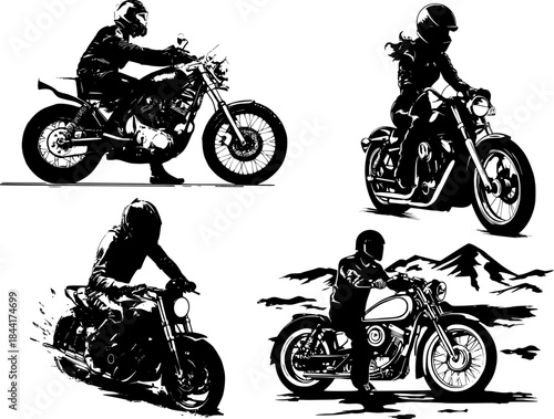 Vintage bike racing collection. Set of black and white graphic illustrations of a motorcyclist riding a vintage chopper motorcycle