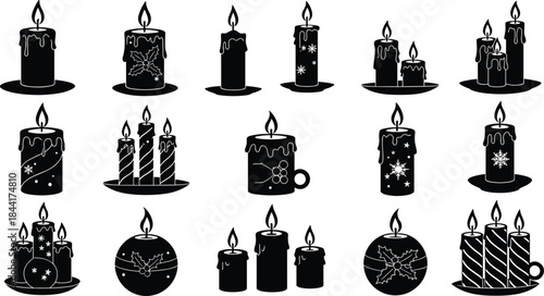 Collection of Black Christmas Candles Silhouette Vector Icons, Isolated on a White Background, Featuring Decorative Elements Like Holly, Snowflakes, Stripes, and Dripping Wax, Perfect for Holiday and