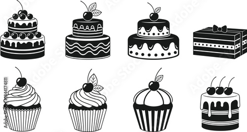 Collection of eight black and white icons featuring various layered cakes, cupcakes, and a gift box, all decorated with cherries and icing in a cute dessert set.