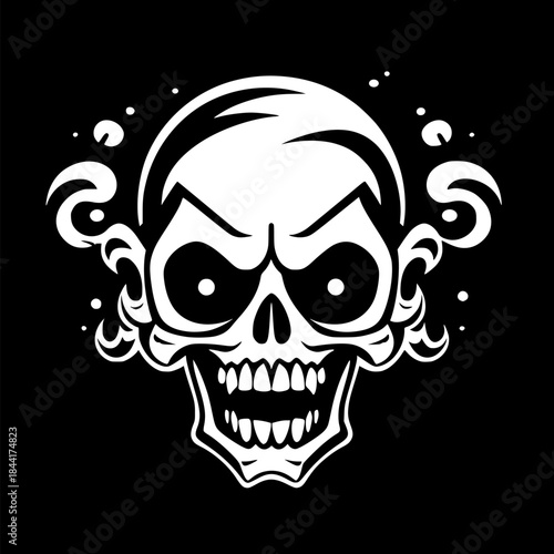 Playful skull face with large round eyes and toothy grin, swirling ornamental accents surrounds the head, black and white graphic
