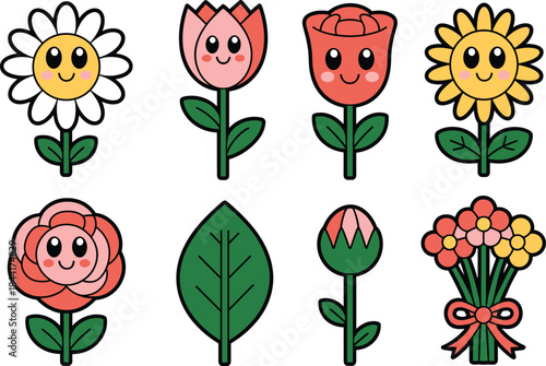 Colorful cartoon flowers set, flat illustration of cute floral icons, spring garden plants, decorative kids style botanical collection