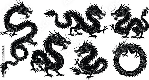 Collection of powerful traditional black Chinese dragon silhouettes vector set in dynamic poses for Asian culture myth fantasy art tattoo design element graphic symbol.