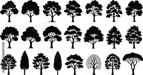 Diverse collection of black tree silhouettes and icon shapes, including various deciduous and evergreen species for graphic design and landscape architecture.