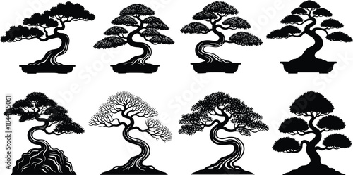 Eight Distinct Black Bonsai Tree Silhouettes Vector Collection Traditional Japanese Miniature Art and Nature Iconography for Design Projects