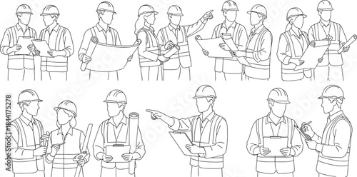 Construction Team Collaboration Set Featuring Engineers and Architects Reviewing Blueprints, Planning Projects, Inspecting Sites, and Coordinating Work