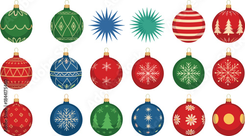 Christmas bauble ornament illustration set with festive patterns and snowflakes, colorful holiday vector collection for tree decoration, winter design and greeting cards