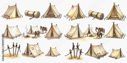 Collection of hand-drawn watercolor illustrations featuring various camping tents and outdoor gear for adventure.