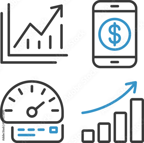 Financial growth and analytics icon set, mobile payment dashboard, performance metrics illustration, business statistics symbols, modern flat finance design