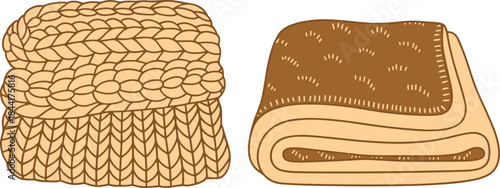 Folded knitted blanket and soft fleece throw illustration, cozy textile fabric set, warm home comfort concept design