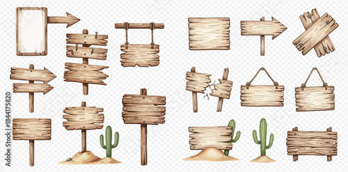 Set of watercolor wooden signs and pointers with desert elements like cactuses and sand.