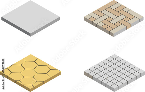 Isometric floor tile textures set, concrete wood hexagon and grid paving slabs, 3D geometric surface illustration