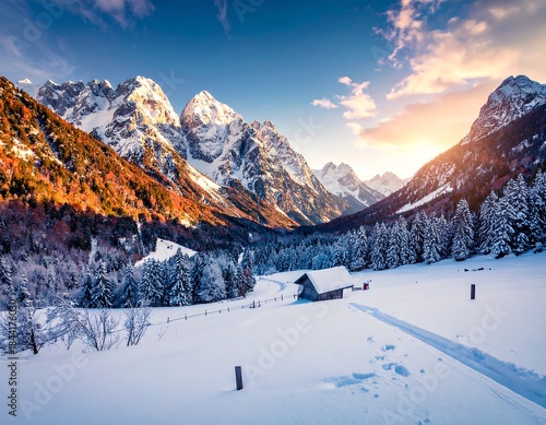 Snowy mountain scene with trees, buildings, and a clear, blue sky at sunset