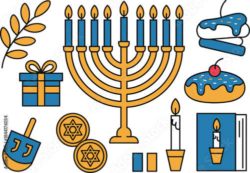 Hanukkah icons set with menorah dreidel candles donuts gifts olive branch, Jewish holiday flat illustration collection