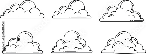 Cartoon cloud outline icon set with simple fluffy shapes, minimal black and white vector collection for weather, sky and UI design projects