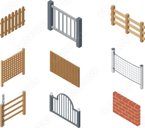 Isometric fence and barrier icons set, wooden metal mesh and brick fences, construction boundary elements illustration