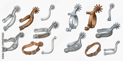 Set of metal spurs for cowboy boots, western style horse riding equipment, isolated on transparent background.