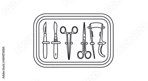 Line Art Illustration of Surgical Instruments Set in a Tray.