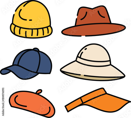 Hat collection icons set, flat illustration of winter beanie fedora cap visor and beret, stylish headwear fashion accessories