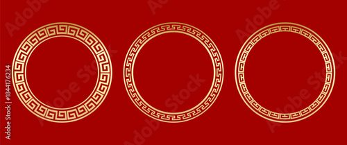 Isolated golden Chinese ring frame with traditional Greek key pattern for luxury branding decoration packaging background emblem badge and premium cultural design applications