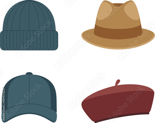 Hat collection icons set, flat illustration of winter beanie fedora cap visor and beret, stylish headwear fashion accessories