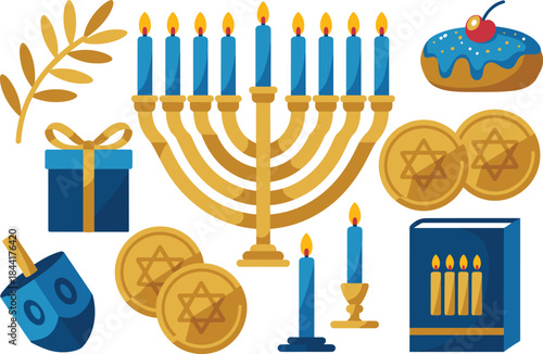 Hanukkah icons set with menorah dreidel candles donuts gifts olive branch, Jewish holiday flat illustration collection