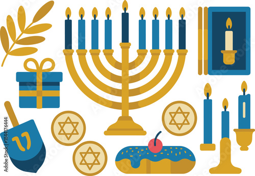 Hanukkah icons set with menorah dreidel candles donuts gifts olive branch, Jewish holiday flat illustration collection
