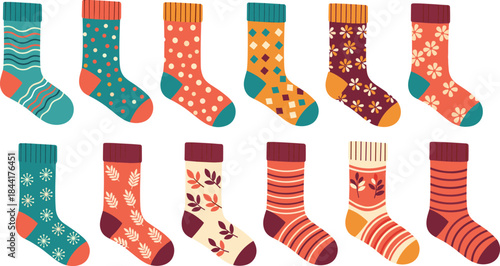 Colorful patterned socks illustration set with geometric and floral designs, cozy fashion vector collection for clothing, winter wear and lifestyle design projects