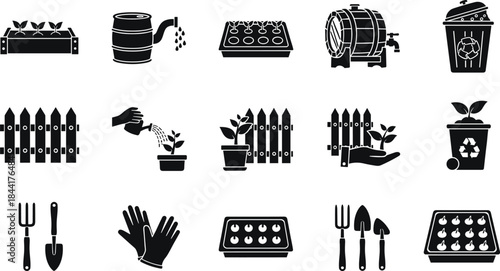 Gardening and cultivation icons vector silhouette set featuring planting tools watering seeding recycling compost barrel fence gloves for home garden farming activities illustration.