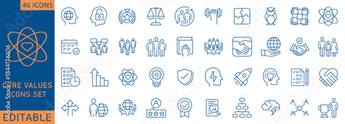 Core Values icon set. Containing core values, innovation, integrity , quality , responsibility, teamwork, reliability, honesty, and more. Outline Icon Collection.  Vector illustration.