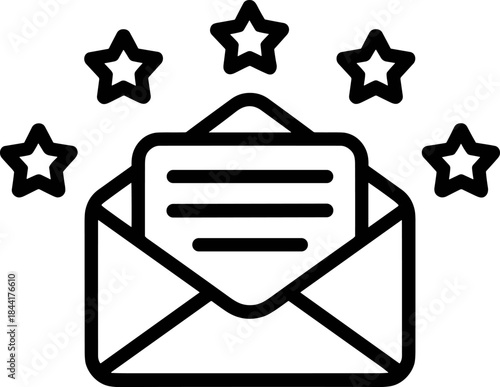 Five Star Email Notification Icon: Line art vector of an open mail envelope with document and stars, representing VIP status, best service, quality rating, or excellent review confirmation symbol.