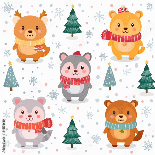 Cute cartoon bears and hamsters in winter clothes. Christmas tree icons. Vector illustration of animals in scarves and hats. Holiday characters. Winter scene. Festive background. White