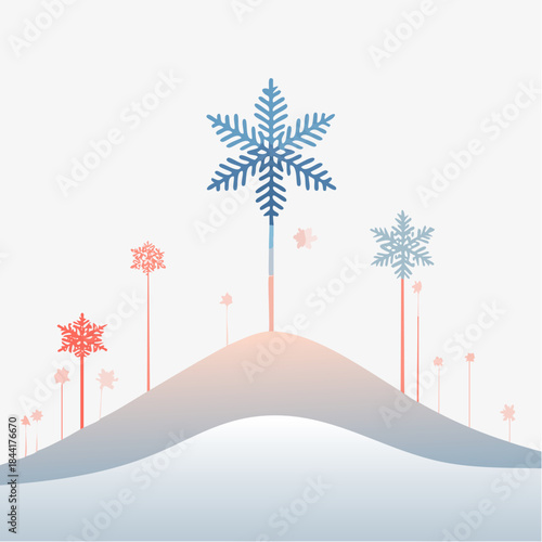 Snowflakes on a hill. Winter landscape illustration. Snowflake design. Vector graphics. Colorful snowflakes. Red and blue snowflakes. White background. Seamless pattern. Winter scene.