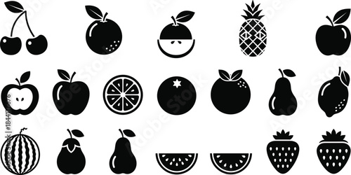 Fruit silhouette icon set with apple, orange, pear and berries, clean black vector collection for food, grocery, nutrition and packaging design projects
